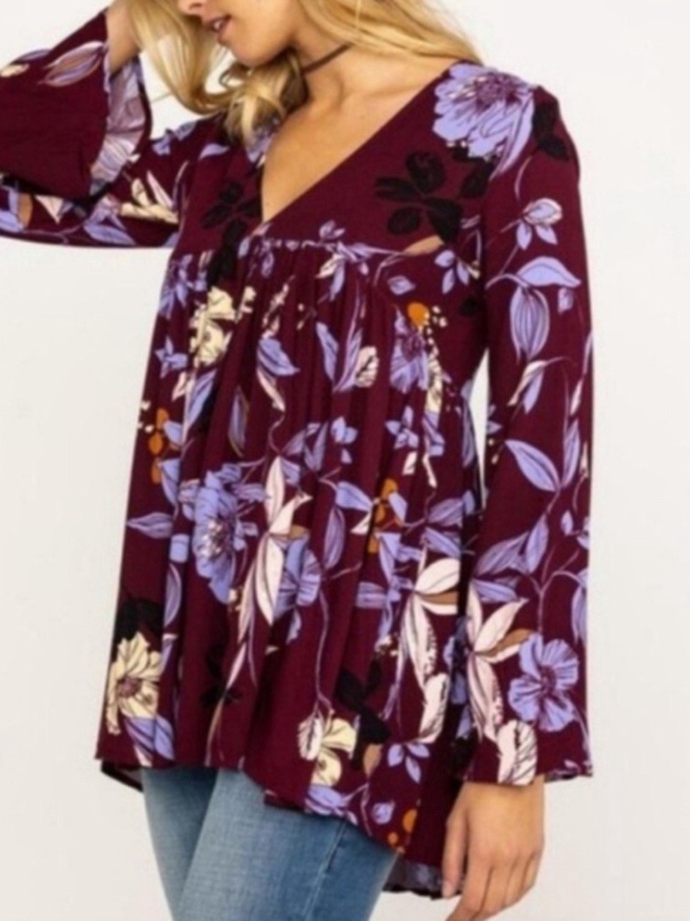 Free People Bella Floral Tunic Boho Bell Sleeve Flowy Festival Top XS
